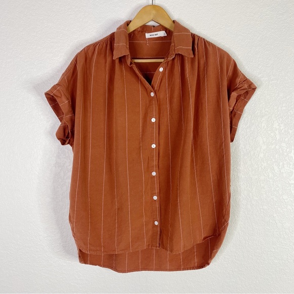 Mod Ref Tops - Mod Ref Orange Striped Linen Cotton Button Front Blouse Top